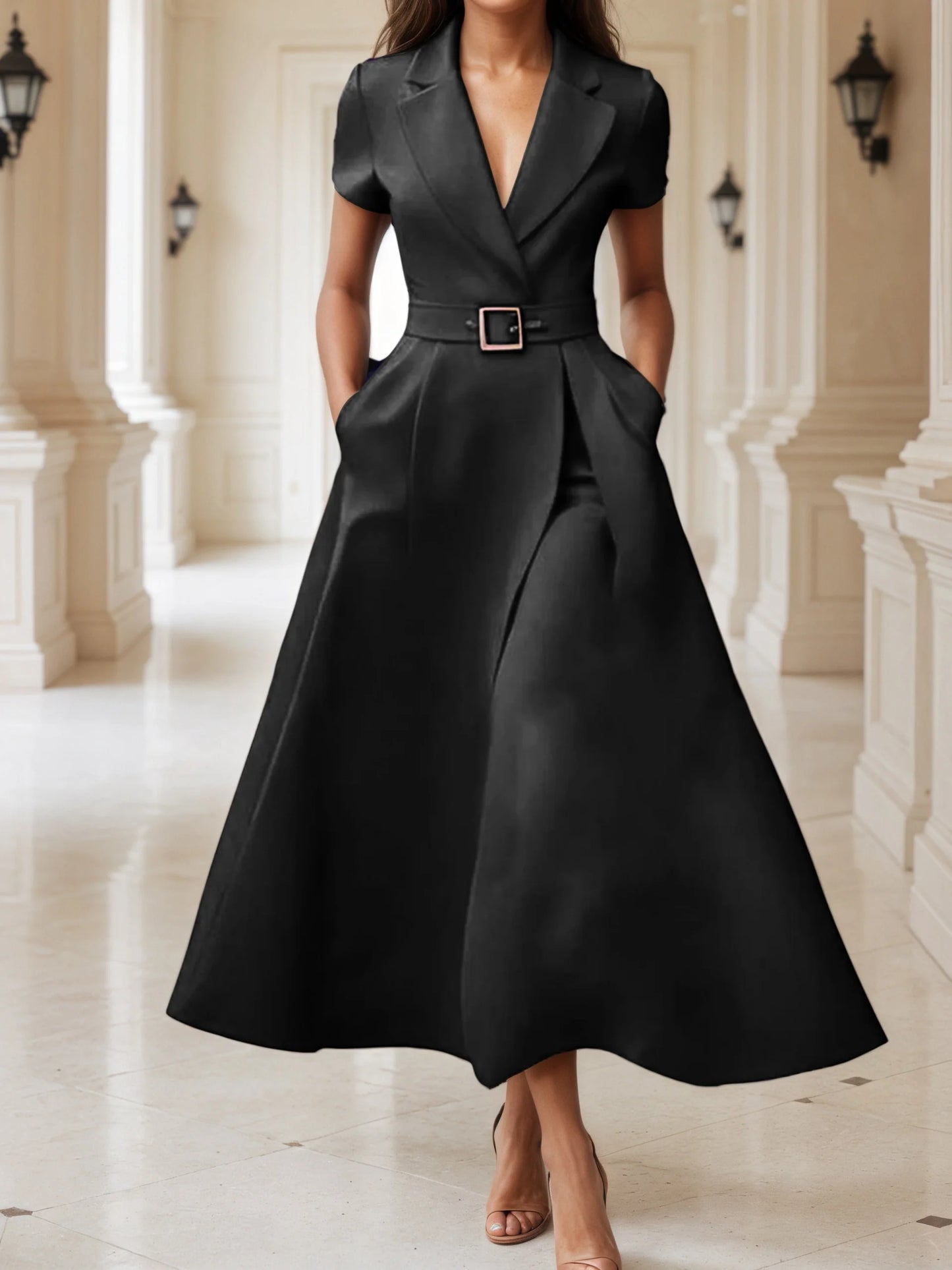 Charme e elegânçia ,Vestido preto feminino, modelo midi, com mangas curtas e corte em A, ideal para festas.,Acompanha cinto