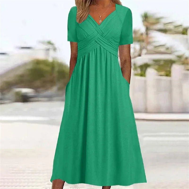 luxo e estilo Vestindo você ,vestido elegante com decote em V, transpassado e modelagem envelope, em cor sólida, manga curta, ideal para o verão, perfeito para o dia a dia. Possui bolsos laterais duplos