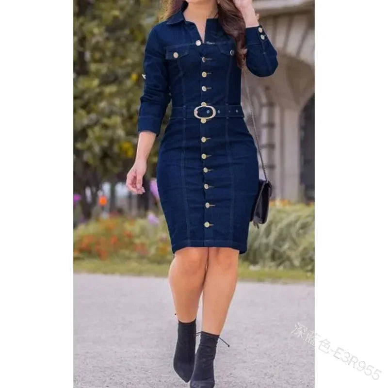 Dias dourados, looks perfeitos, novo vestido jeans feminino com lapela, corte slim, muito elegante