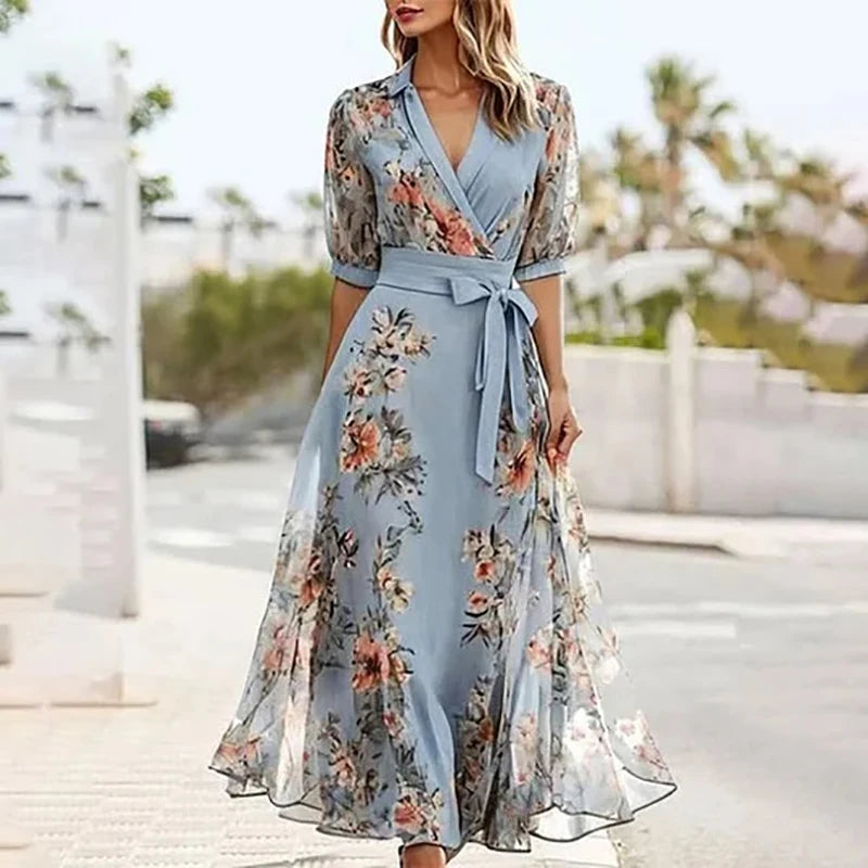 Moda fashion ,elegânçia e estilo ,Vestido longo feminino estampado floral para primavera/verão, sexy, com decote em V e laço, ideal para festas, estilo boho.