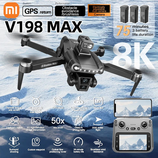 DRONE :Xiaomi V198MAX GPS Drone 8K Professional Camera Aerial FPV Brush Laser Obstacle with Large Screen Remote Control Folding Dron