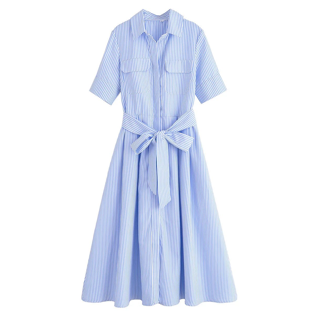 HH Women's New Fashion Temperature Slim Short Sleeve Poplin Dress Female Elegant Simple High Street Pocket Belted Long Dress