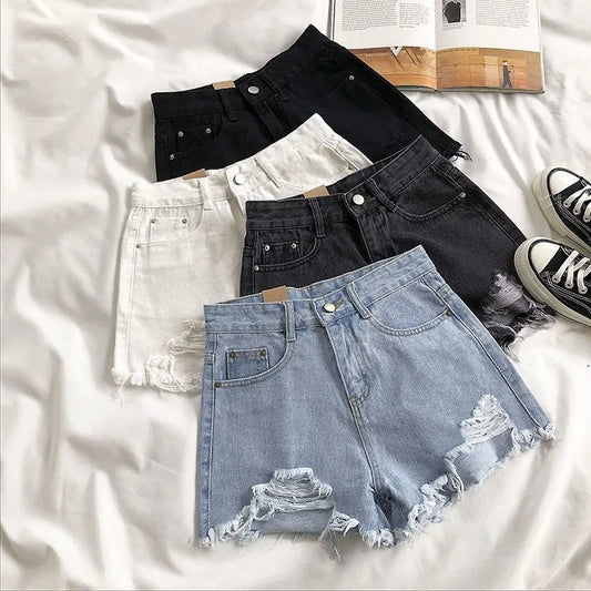 Shorts jeans coreanos femininos, moda verão casual, cintura alta, jeans rasgados, bolso, franjas, estilo Y2K, shorts curtos, streetwear, azul.
