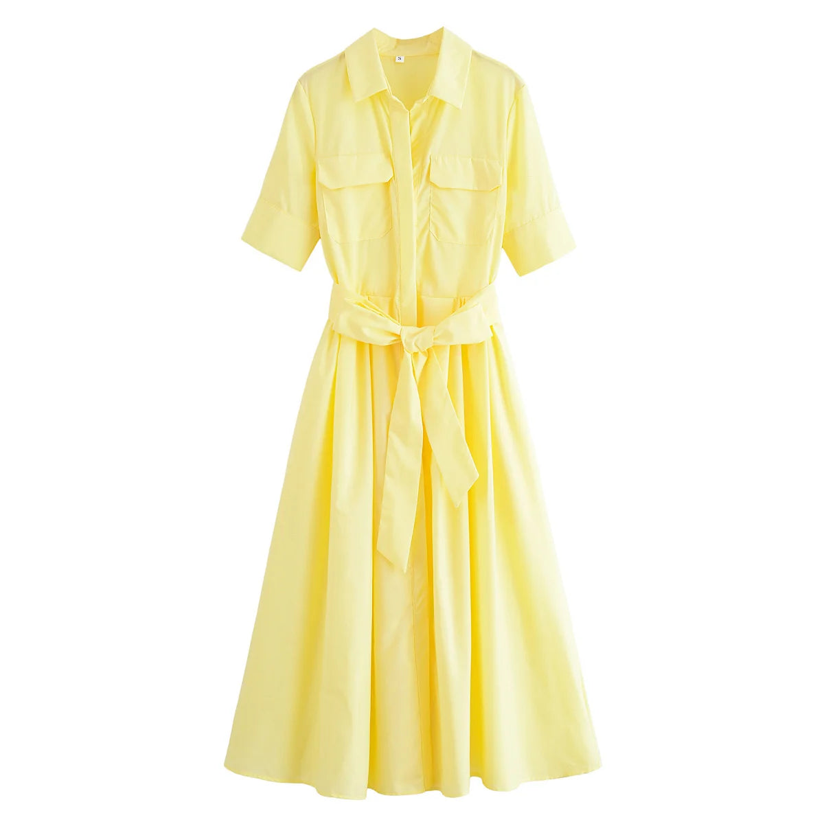 HH Women's New Fashion Temperature Slim Short Sleeve Poplin Dress Female Elegant Simple High Street Pocket Belted Long Dress