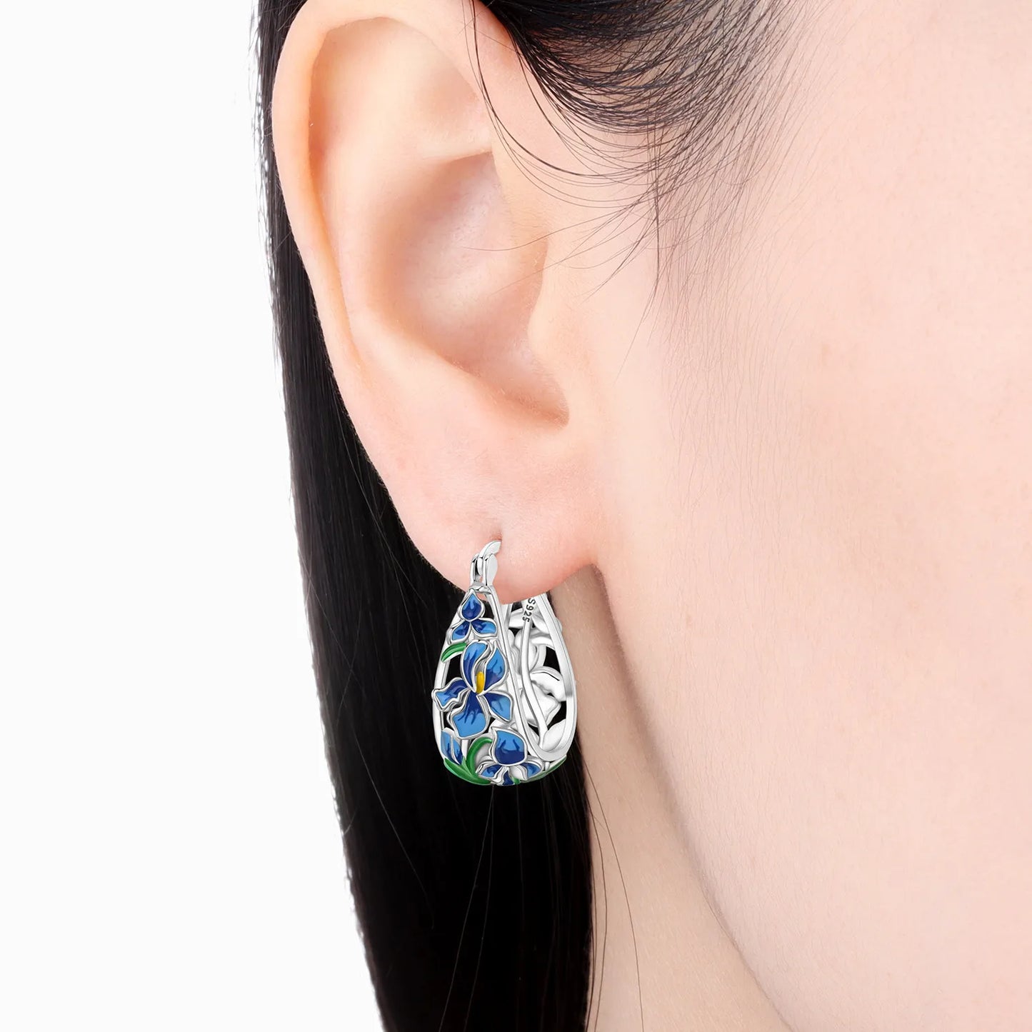 brilhe ,fique radiante ,Brincos de argola Orstarry em prata de lei S925 com flor de íris azul, joias originais