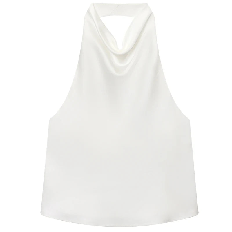Elegância que flui com você. , HXAO  Top feminino de cetim com decote halter,regata cropped ombro a ombro, top da moda sem mangas e sem costas.
