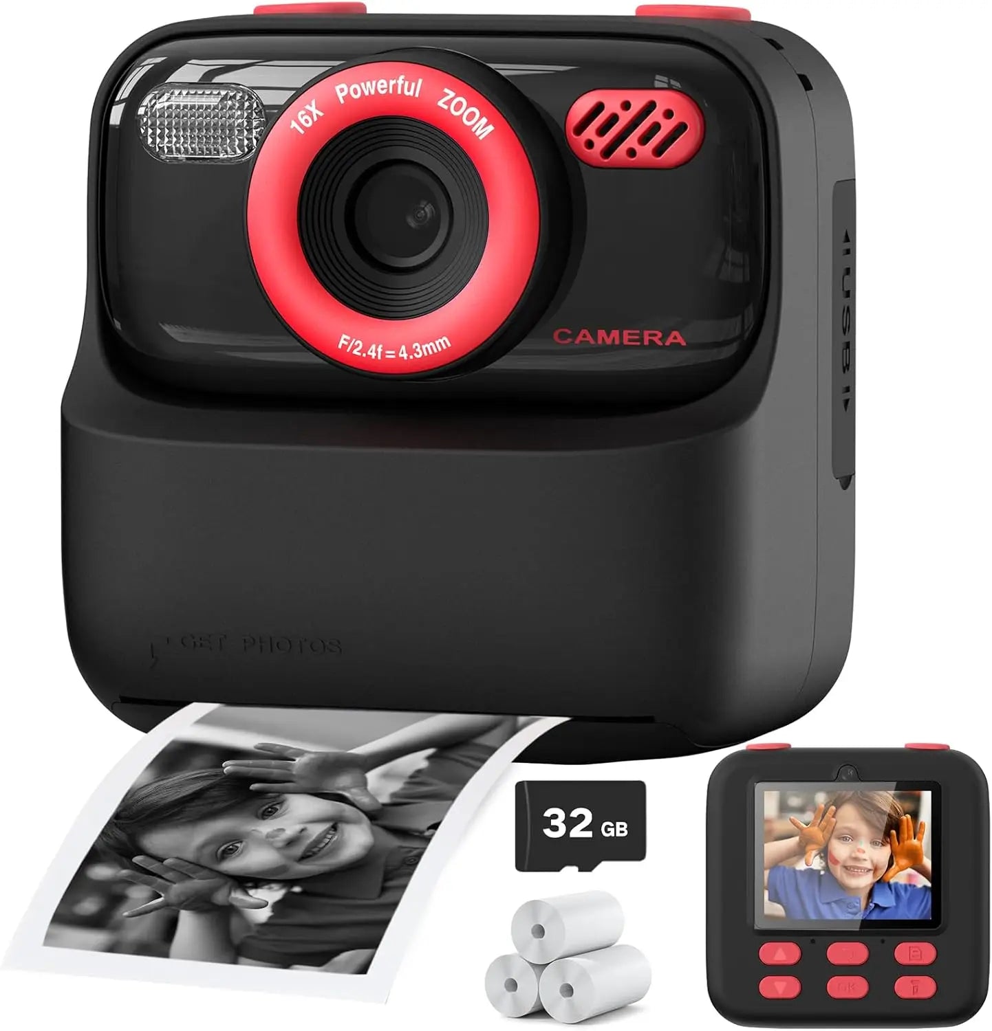 Câmera infantil AMORUS Instantânea 1080P HD Câmera digital de selfie com lente dupla para meninas e meninos  Brinquedo com impressão 32G