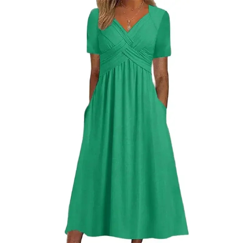 luxo e estilo Vestindo  você ,vestido elegante com decote em V, transpassado e modelagem envelope, em cor sólida, manga curta, ideal para o verão, perfeito para o dia a dia. Possui bolsos laterais duplos