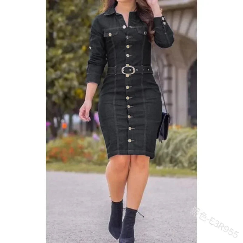 Dias dourados, looks perfeitos, novo vestido jeans feminino com lapela, corte slim, muito elegante