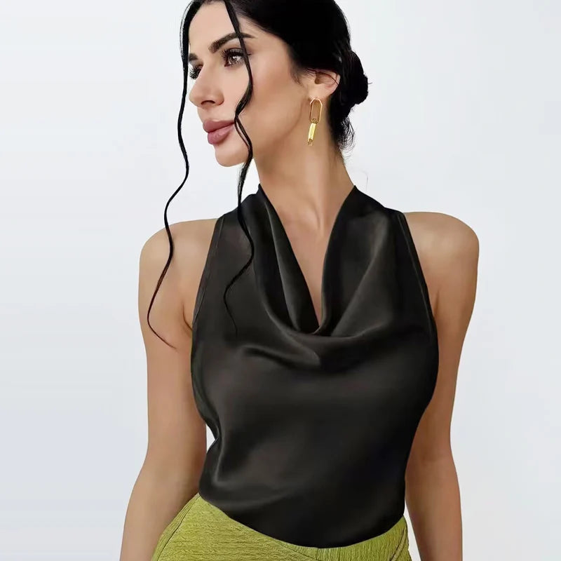 Elegância que flui com você. , HXAO  Top feminino de cetim com decote halter,regata cropped ombro a ombro, top da moda sem mangas e sem costas.