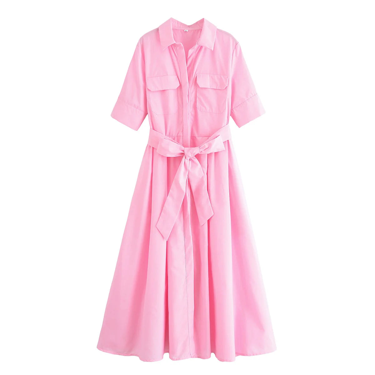 HH Women's New Fashion Temperature Slim Short Sleeve Poplin Dress Female Elegant Simple High Street Pocket Belted Long Dress