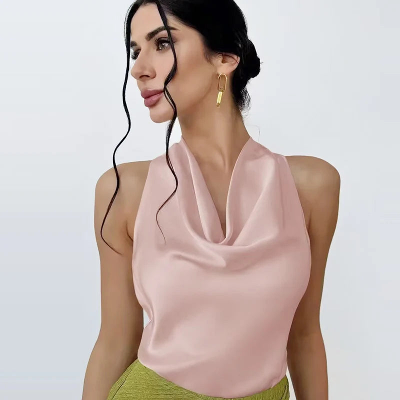Elegância que flui com você. , HXAO  Top feminino de cetim com decote halter,regata cropped ombro a ombro, top da moda sem mangas e sem costas.