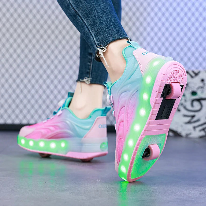Sua criança radical ,Tênis de skate infantil com luz LED de duas rodas para meninos e meninas, tênis esportivos luminosos e com carregamento USB