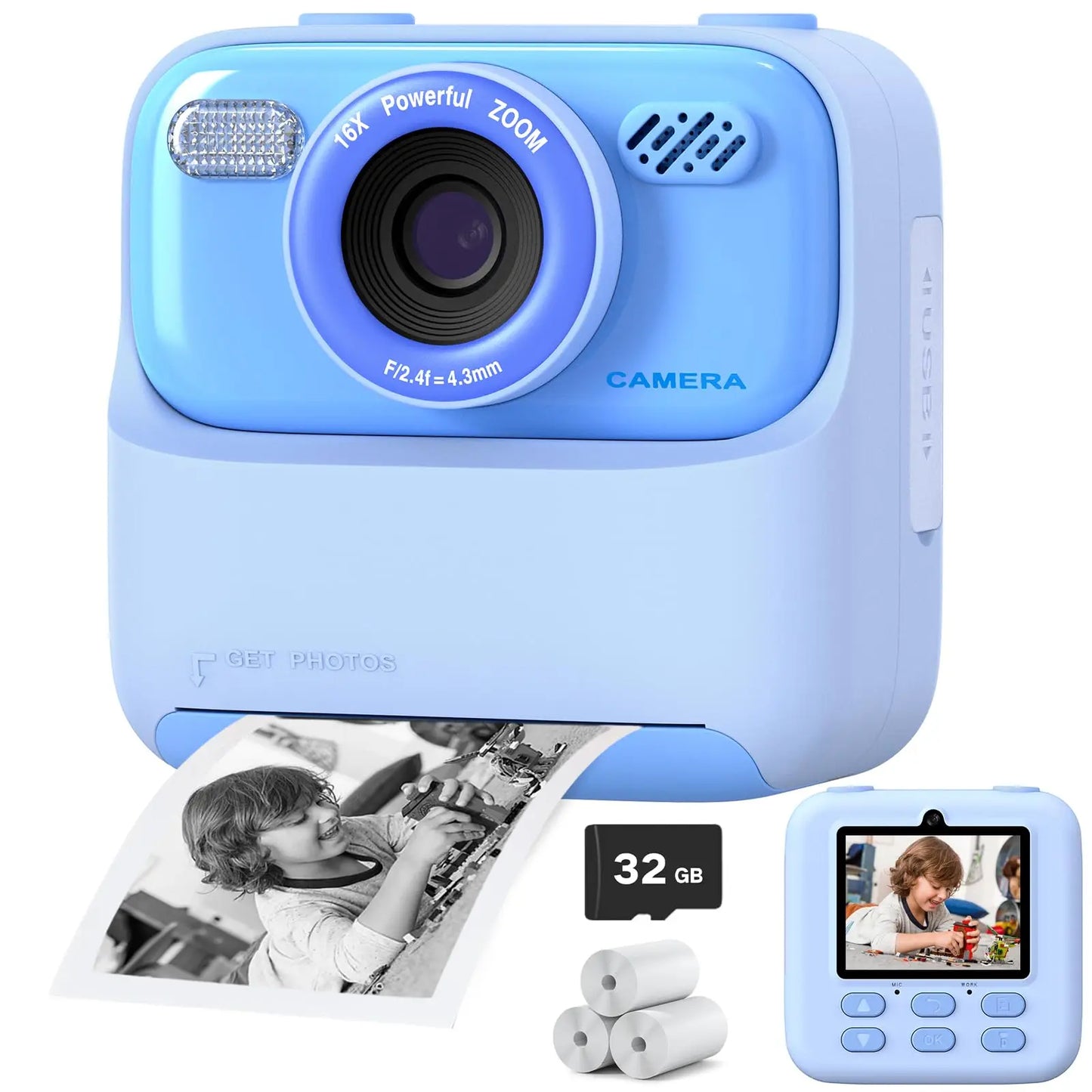 Câmera infantil AMORUS Instantânea 1080P HD Câmera digital de selfie com lente dupla para meninas e meninos  Brinquedo com impressão 32G