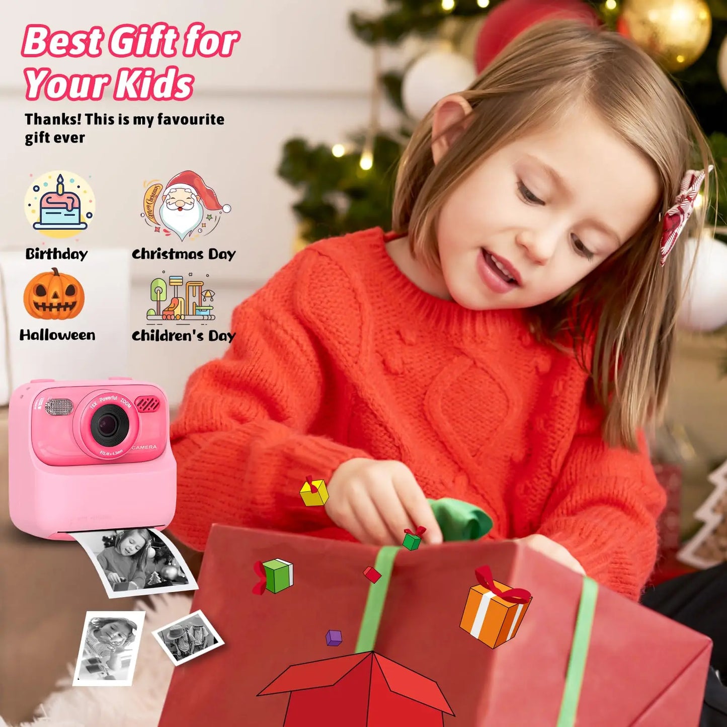 Câmera infantil AMORUS Instantânea 1080P HD Câmera digital de selfie com lente dupla para meninas e meninos  Brinquedo com impressão 32G