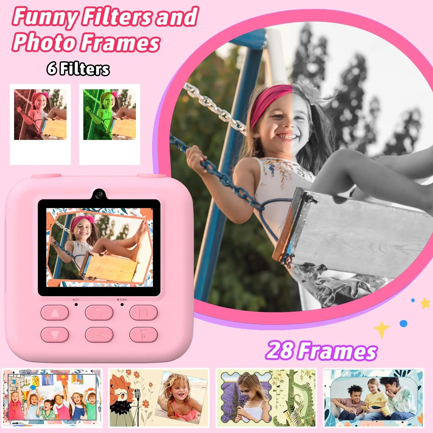 Câmera infantil AMORUS Instantânea 1080P HD Câmera digital de selfie com lente dupla para meninas e meninos  Brinquedo com impressão 32G