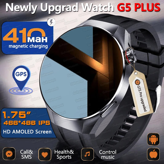 Novo relógio inteligente original G5 Plus 2025 com tela HD AMOLED de 1,75" e GPS, monitor de frequência cardíaca, chamada Bluetooth, bússola e smartwatch masculino