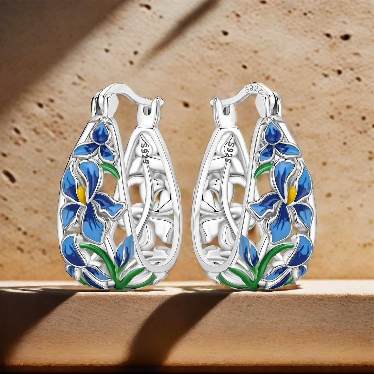 brilhe ,fique radiante ,Brincos de argola Orstarry em prata de lei S925 com flor de íris azul, joias originais