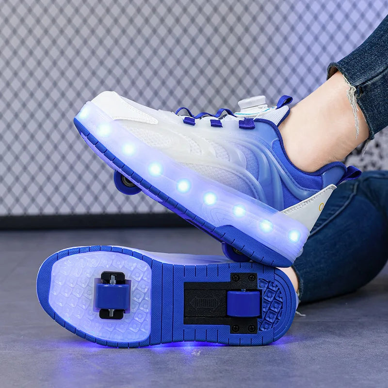Sua criança radical ,Tênis de skate infantil com luz LED de duas rodas para meninos e meninas, tênis esportivos luminosos e com carregamento USB