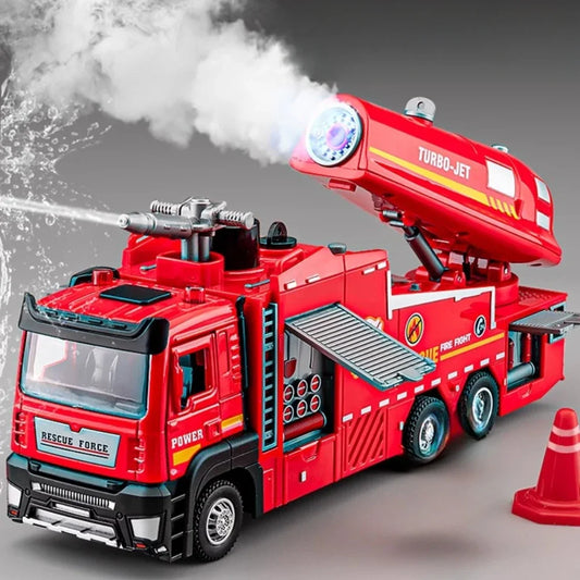 Caminhão de Bombeiros Modelo Escala 1:32 com Jato de Água, Escada Metálica, Brinquedo com Som e Luz, Portas que Abrem por Fricção, Colecionável, Presente