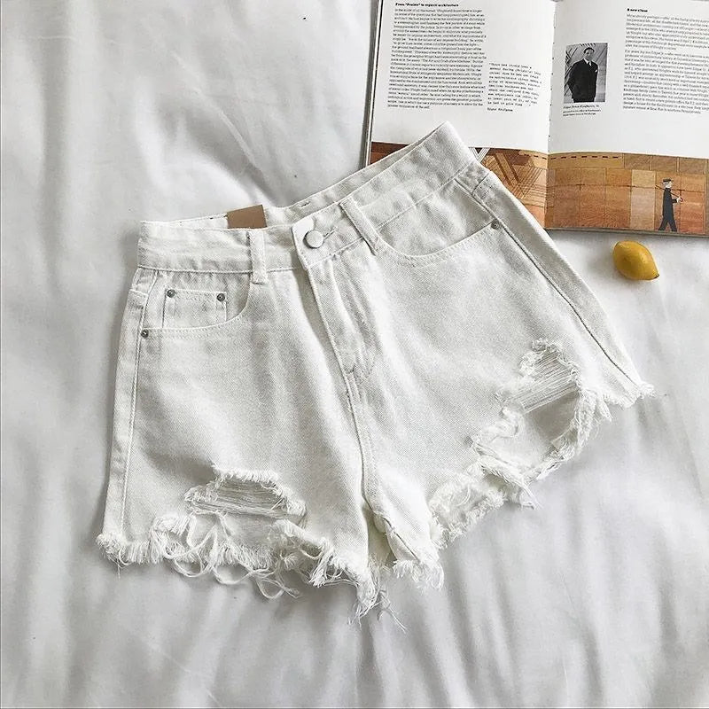 Moda verão Seu brilho, sua marca. Simplesmente irresistívell, cintura alta, jeans rasgados, estilo Y2K, shorts curtos, streetwear, azul.
