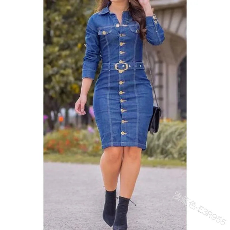Dias dourados, looks perfeitos, novo vestido jeans feminino com lapela, corte slim, muito elegante