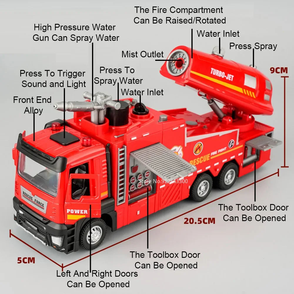 Caminhão de Bombeiros Modelo Escala 1:32 com Jato de Água, Escada Metálica, Brinquedo com Som e Luz, Portas que Abrem por Fricção, Colecionável, Presente