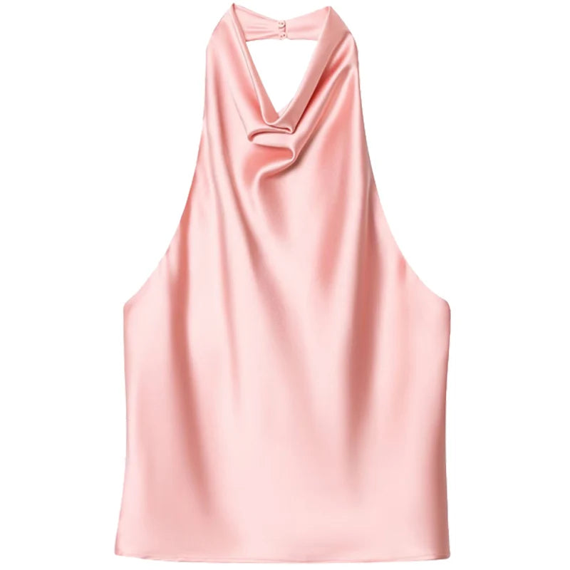 Elegância que flui com você. , HXAO  Top feminino de cetim com decote halter,regata cropped ombro a ombro, top da moda sem mangas e sem costas.