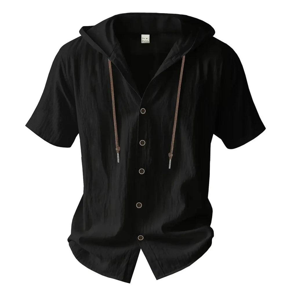 Arraze com o presentao do seu gosto,camisa de Algodão e Linho com Capuz, Manga Curta e Cor Lisa – Leve, Respirável