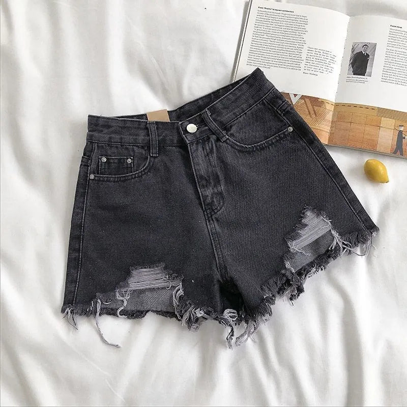 Moda verão Seu brilho, sua marca. Simplesmente irresistívell, cintura alta, jeans rasgados, estilo Y2K, shorts curtos, streetwear, azul.