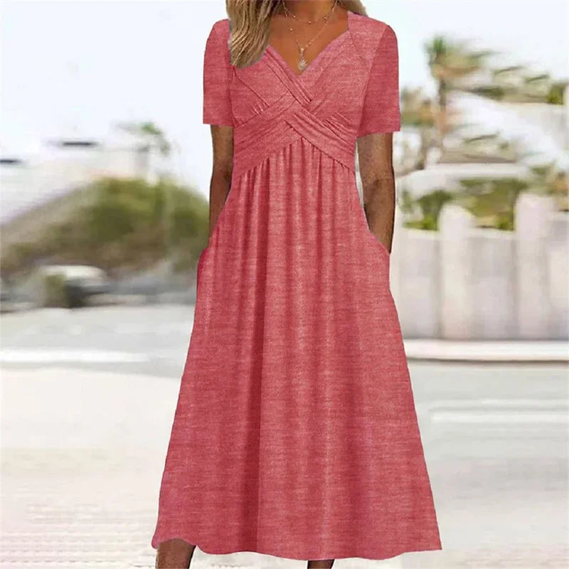 luxo e estilo Vestindo  você ,vestido elegante com decote em V, transpassado e modelagem envelope, em cor sólida, manga curta, ideal para o verão, perfeito para o dia a dia. Possui bolsos laterais duplos