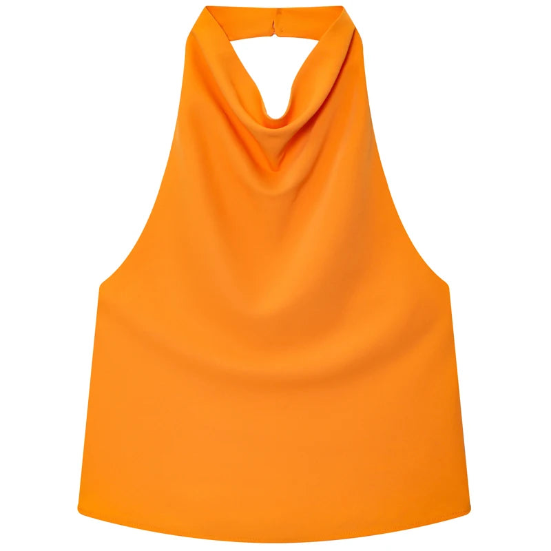 Elegância que flui com você. , HXAO  Top feminino de cetim com decote halter,regata cropped ombro a ombro, top da moda sem mangas e sem costas.