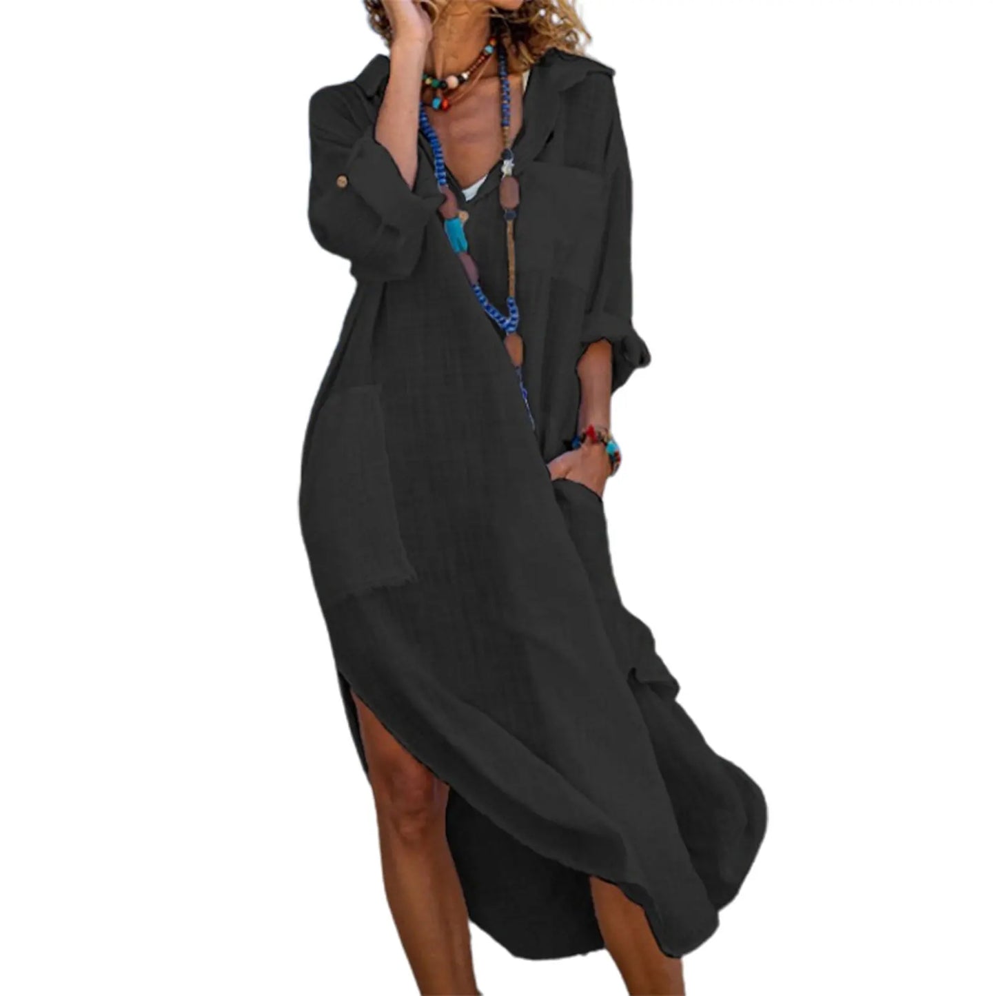 Lindo Vestido feminino com gola lapela, elegante com decote em V, bolsos, fenda lateral e modelagem solta, modelo midi, ideal para férias na praia.