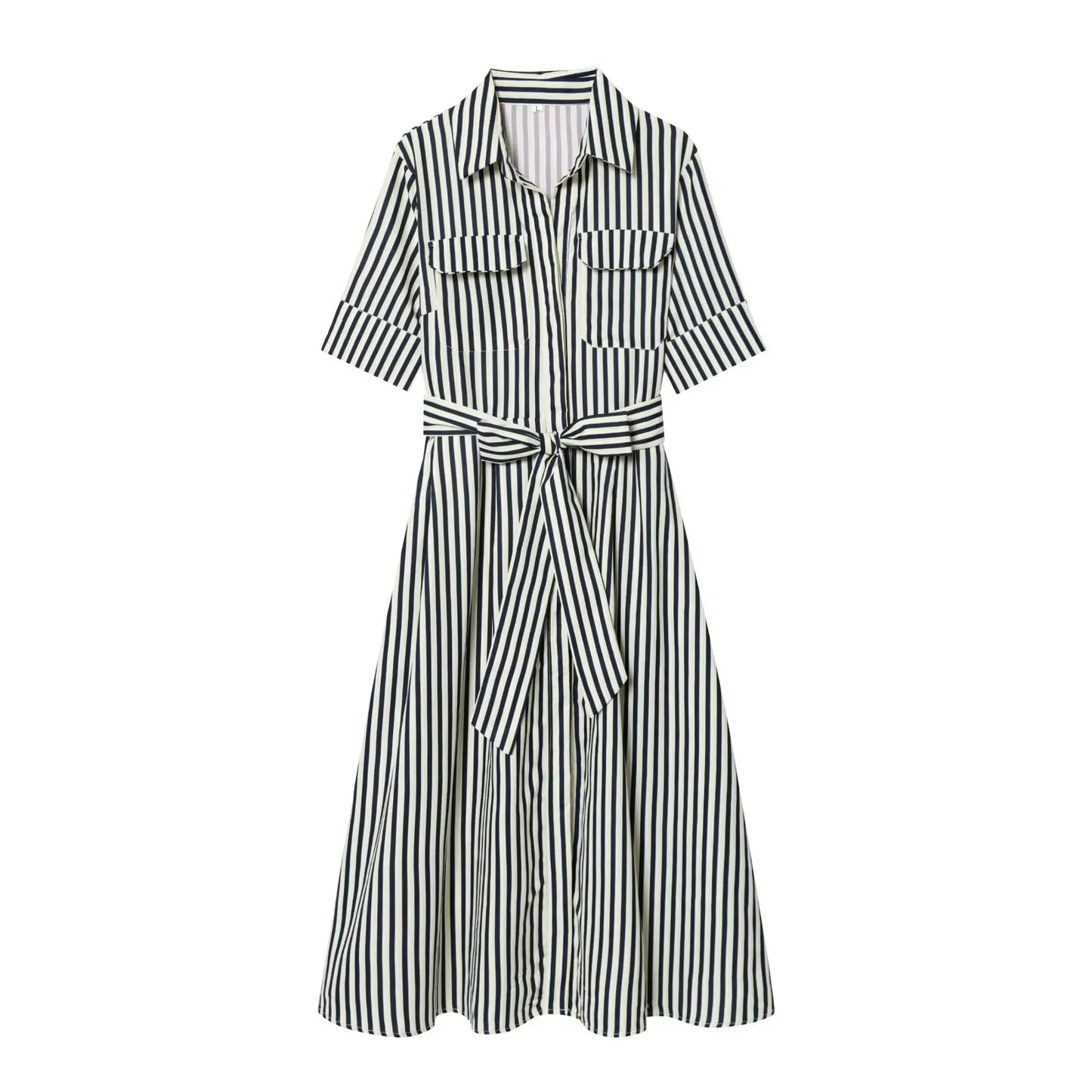HH Women's New Fashion Temperature Slim Short Sleeve Poplin Dress Female Elegant Simple High Street Pocket Belted Long Dress