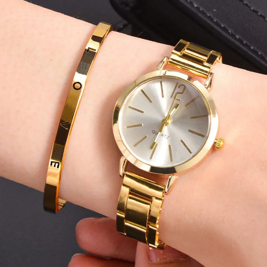Relógio feminino delicado e lindo de liga digital simples com pulseira de quartzo, conto de 2 peças, relógio de luxo feminino com mostrador simples