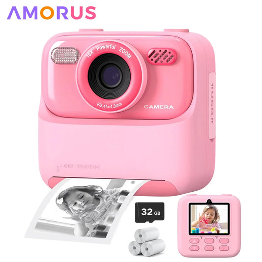 Câmera infantil AMORUS Instantânea 1080P HD Câmera digital de selfie com lente dupla para meninas e meninos  Brinquedo com impressão 32G