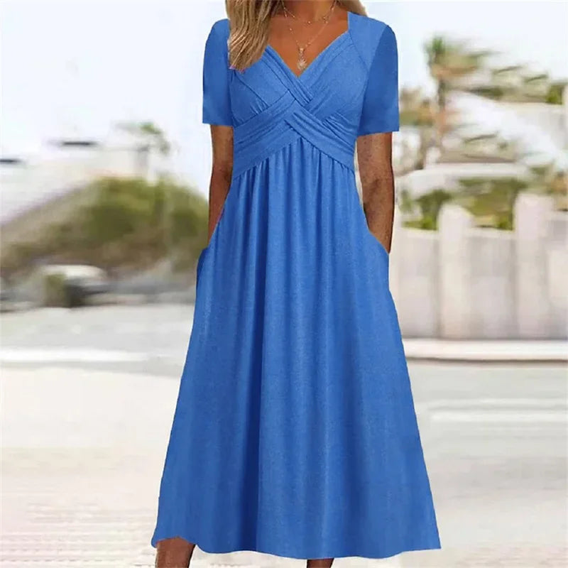 luxo e estilo Vestindo  você ,vestido elegante com decote em V, transpassado e modelagem envelope, em cor sólida, manga curta, ideal para o verão, perfeito para o dia a dia. Possui bolsos laterais duplos