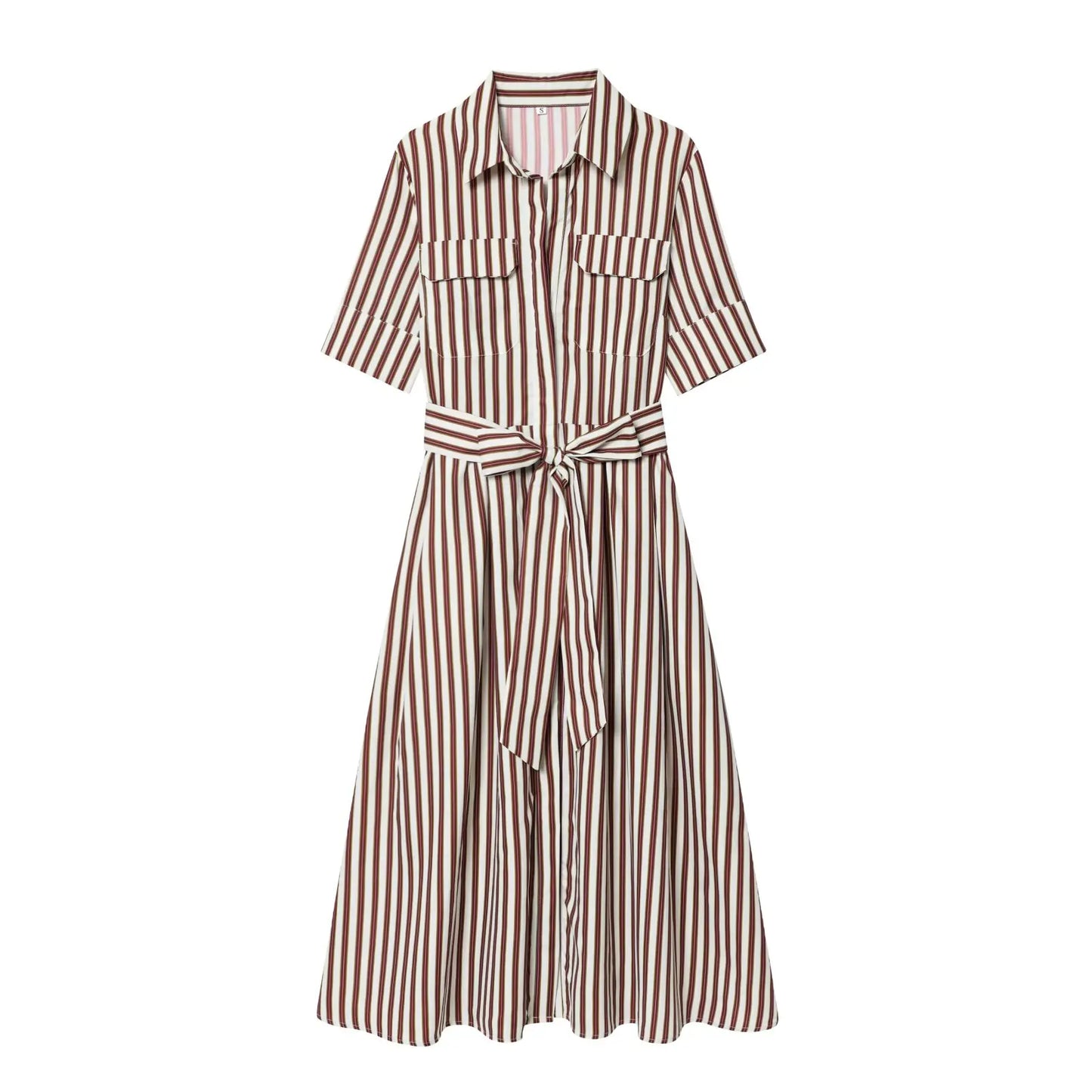 HH Women's New Fashion Temperature Slim Short Sleeve Poplin Dress Female Elegant Simple High Street Pocket Belted Long Dress