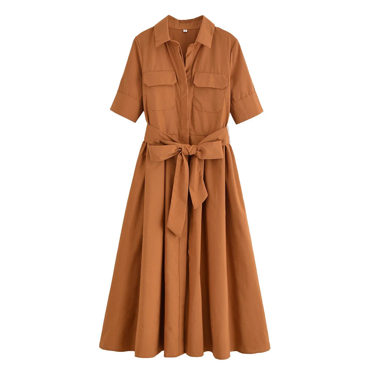 HH Women's New Fashion Temperature Slim Short Sleeve Poplin Dress Female Elegant Simple High Street Pocket Belted Long Dress
