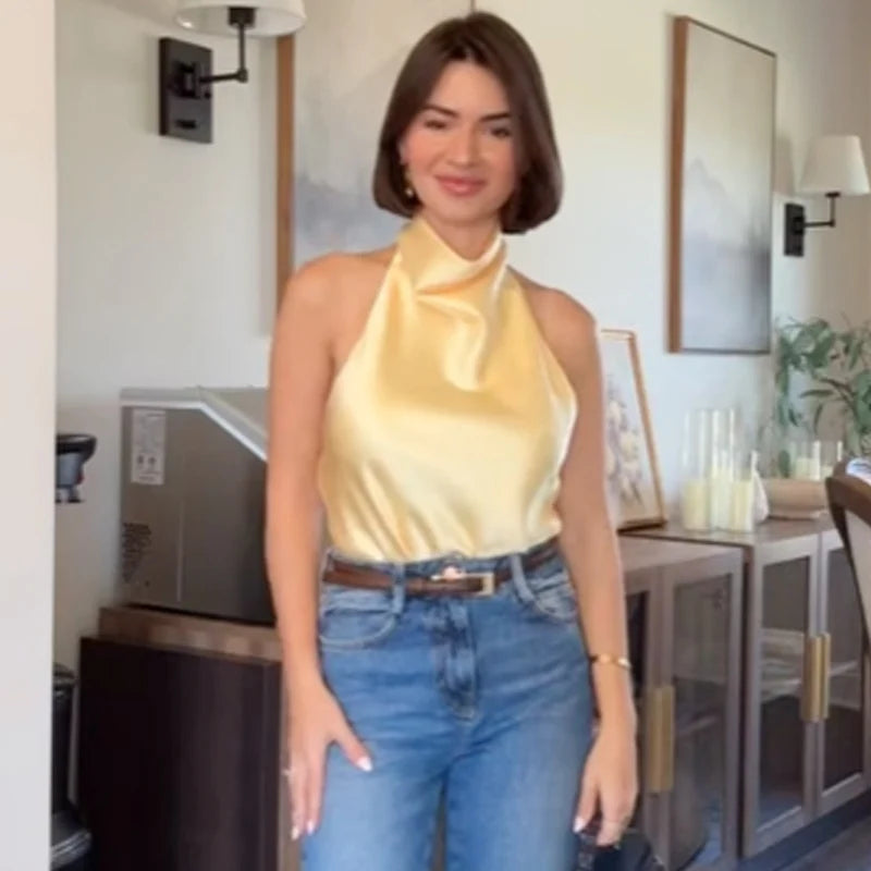 Elegância que flui com você. , HXAO  Top feminino de cetim com decote halter,regata cropped ombro a ombro, top da moda sem mangas e sem costas.