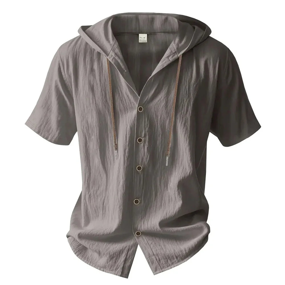 Arraze com o presentao do seu gosto,camisa de Algodão e Linho com Capuz, Manga Curta e Cor Lisa – Leve, Respirável