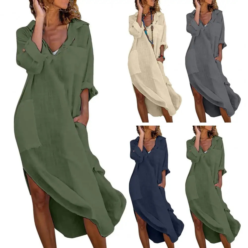 Lindo Vestido feminino com gola lapela, elegante com decote em V, bolsos, fenda lateral e modelagem solta, modelo midi, ideal para férias na praia.
