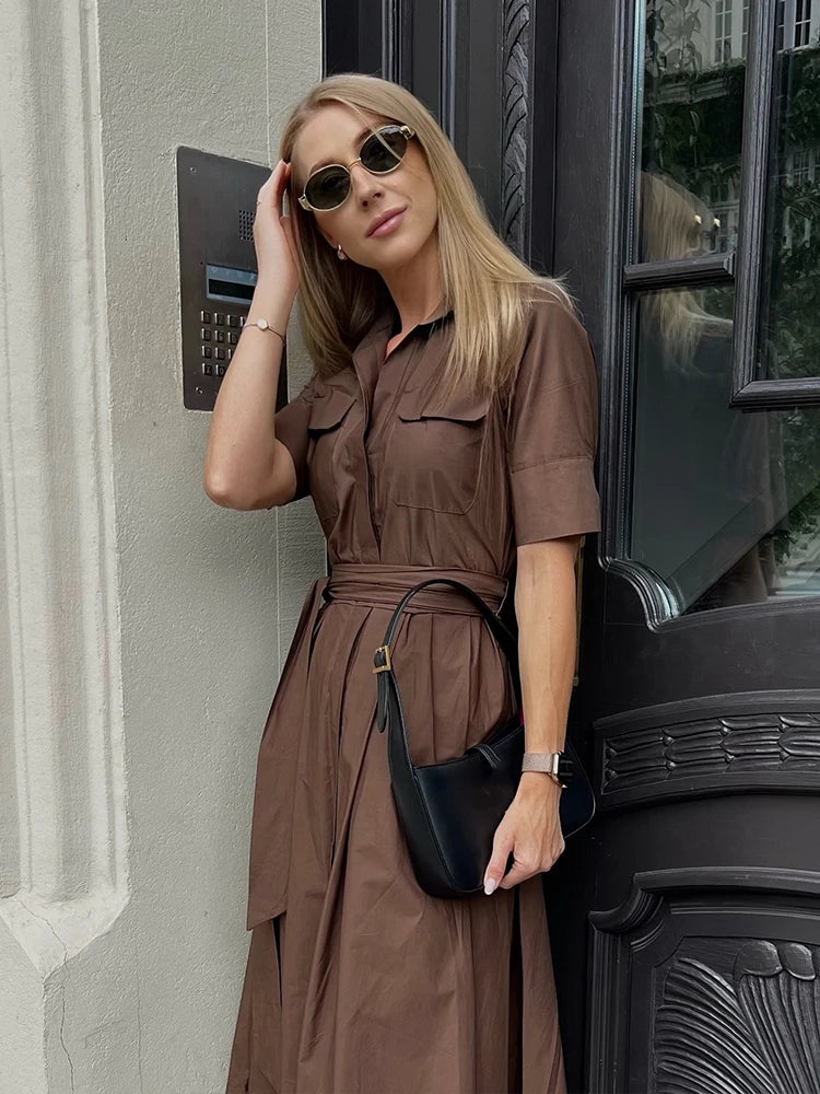 HH Women's New Fashion Temperature Slim Short Sleeve Poplin Dress Female Elegant Simple High Street Pocket Belted Long Dress