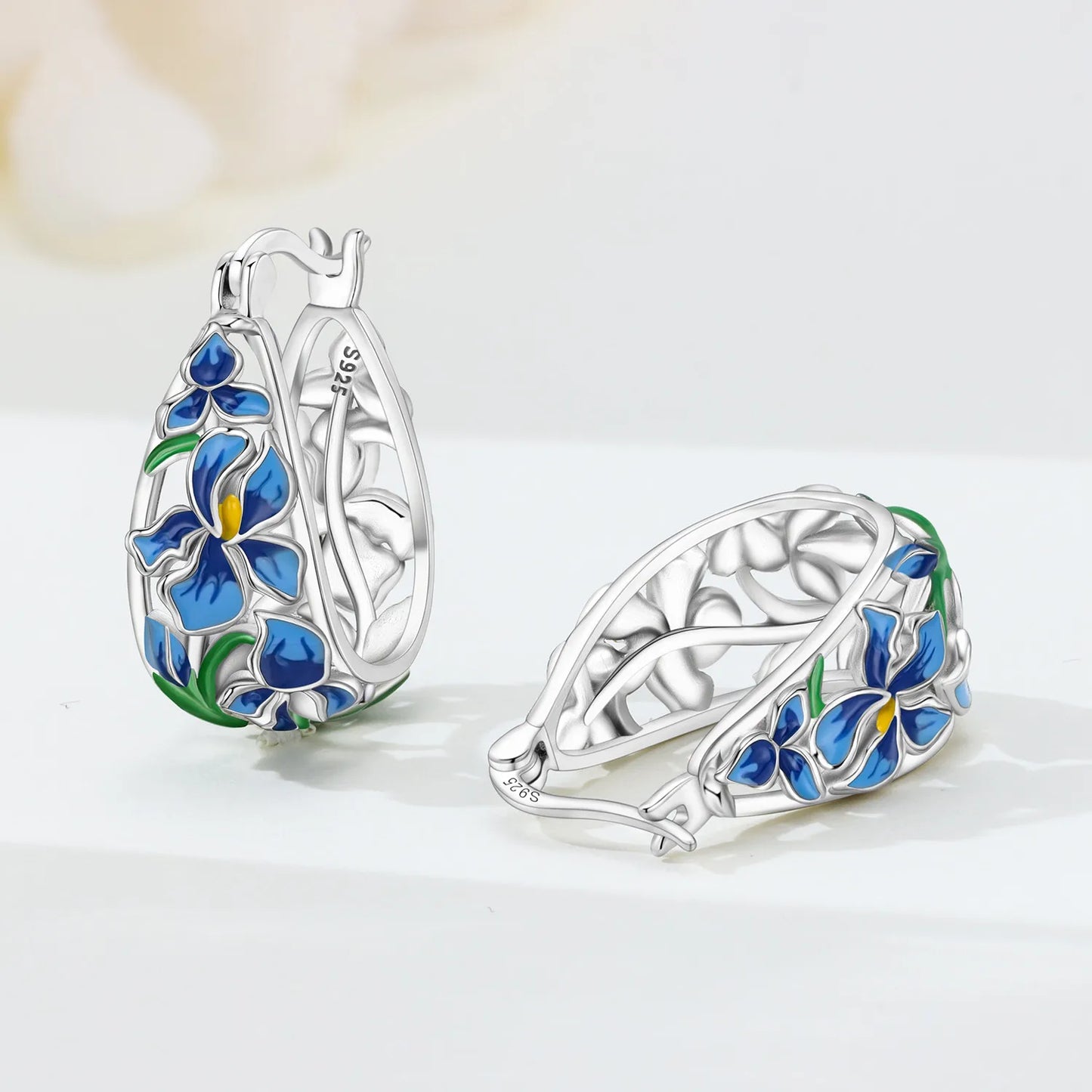 brilhe ,fique radiante ,Brincos de argola Orstarry em prata de lei S925 com flor de íris azul, joias originais