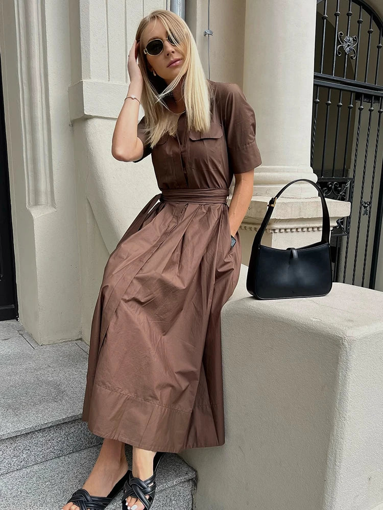 HH Women's New Fashion Temperature Slim Short Sleeve Poplin Dress Female Elegant Simple High Street Pocket Belted Long Dress