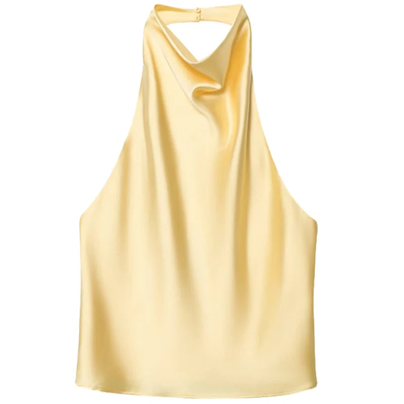 Elegância que flui com você. , HXAO  Top feminino de cetim com decote halter,regata cropped ombro a ombro, top da moda sem mangas e sem costas.
