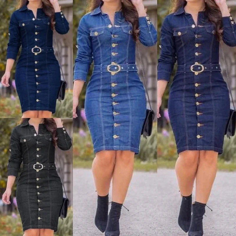 Dias dourados, looks perfeitos, novo vestido jeans feminino com lapela, corte slim, muito elegante