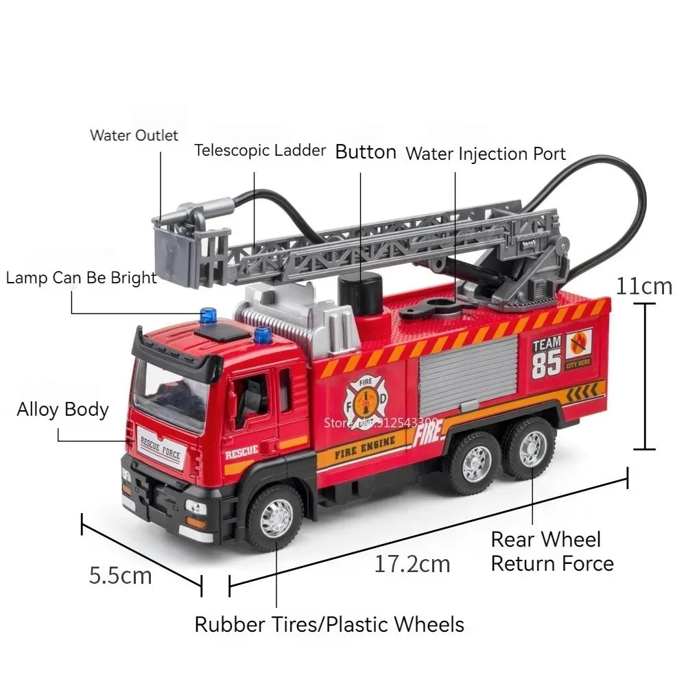 Caminhão de Bombeiros Modelo Escala 1:32 com Jato de Água, Escada Metálica, Brinquedo com Som e Luz, Portas que Abrem por Fricção, Colecionável, Presente