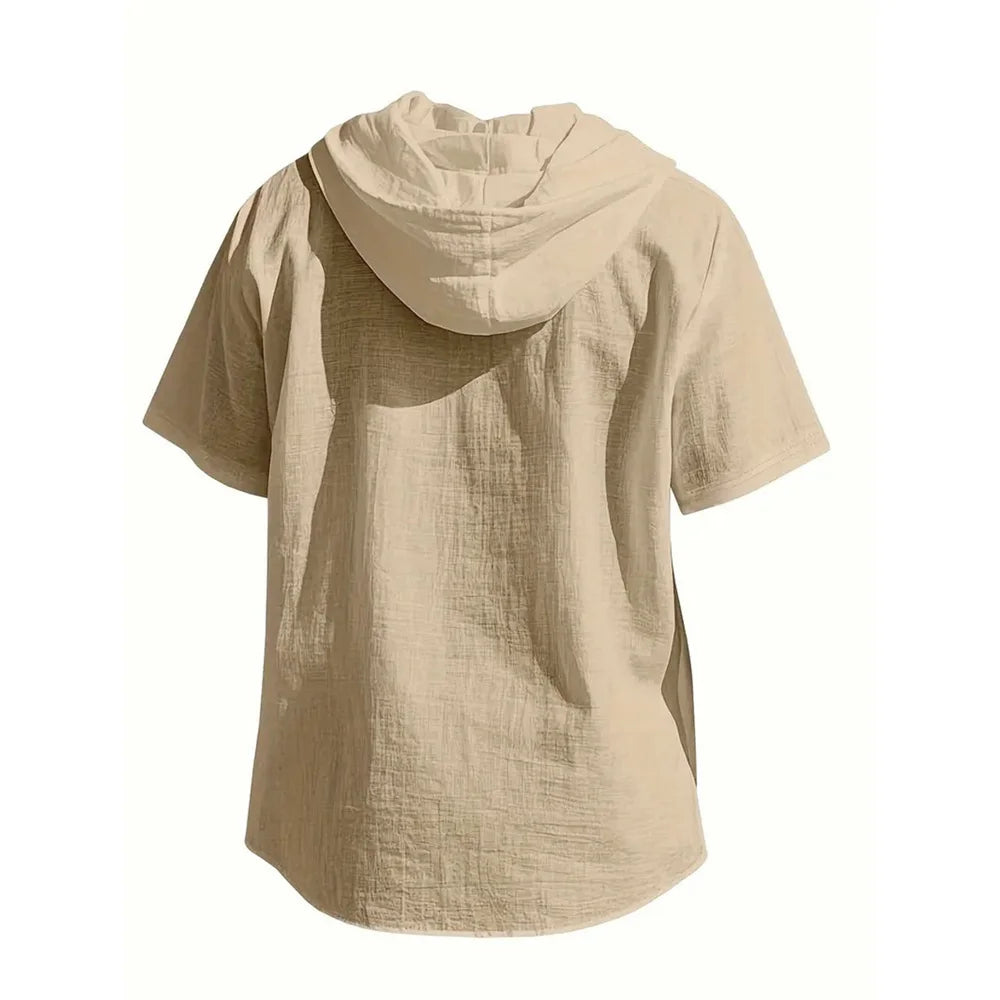 Arraze com o presentao do seu gosto,camisa de Algodão e Linho com Capuz, Manga Curta e Cor Lisa – Leve, Respirável