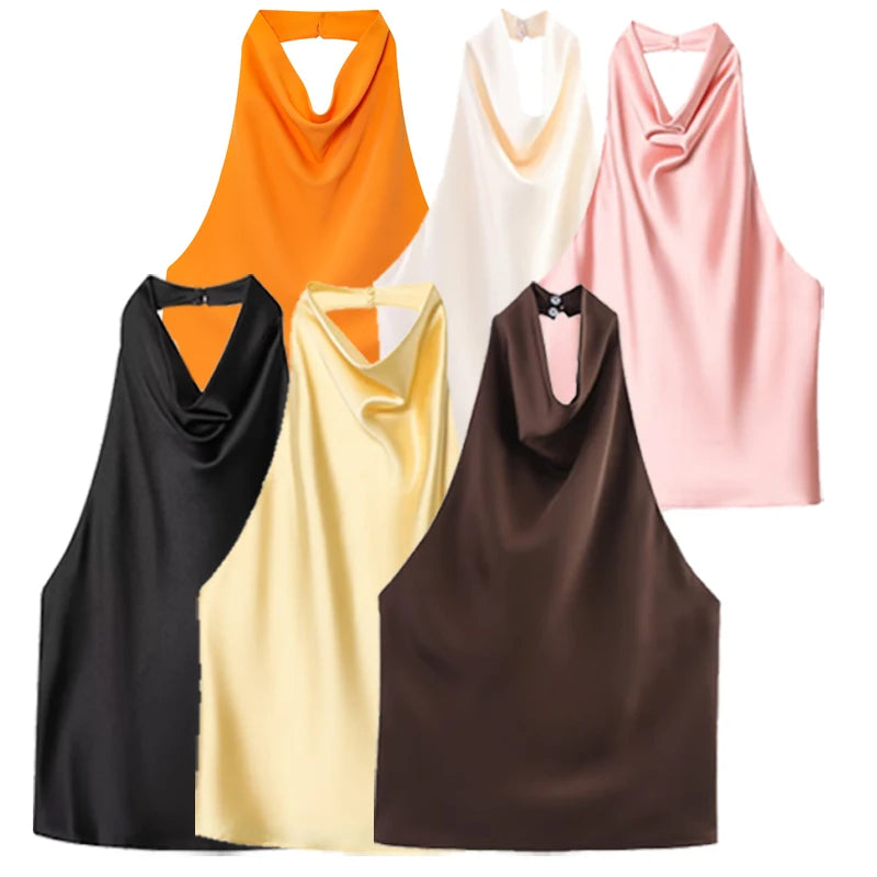 Elegância que flui com você. , HXAO  Top feminino de cetim com decote halter,regata cropped ombro a ombro, top da moda sem mangas e sem costas.